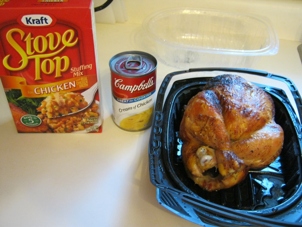 Stove Top stuffing, cream of chicken, and one cooked chicken