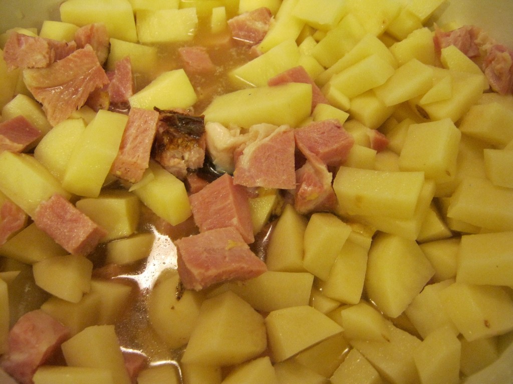 Ham and potatoes about to be cooked