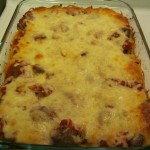 Spaghetti casserole: New York Strip, Marinara, and spaghetti. 